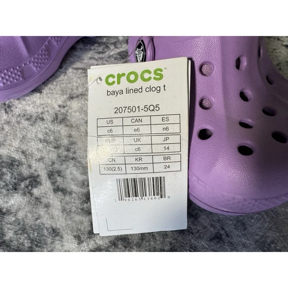 Crocs Baya Lined Clog Toddler C6 Purple Fleece Lined Kids Shoes NWT 207501-5Q5
